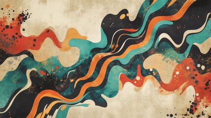 Wall Mural - Wavy explosions resembling ink spread on vintage paper softened by halftone and warm hues