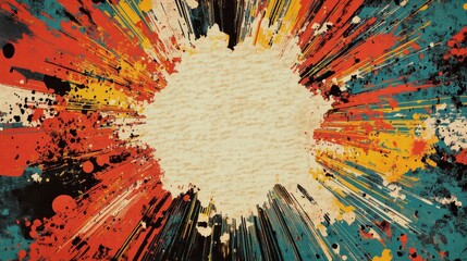 Wall Mural - Intertwined pop-art energy bursts with aged ink blots and halftone gradients in retro colors