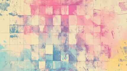 Wall Mural - Distorted chessboard pattern with pastel retro hues and faded comic print textures
