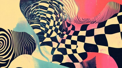 Wall Mural - Checkered maze with dreamlike fluidity and pastel retro tones inspired by 1960s pulp comics