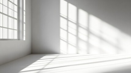 Poster - Bright and Airy Interior Space Illuminated by Natural Light with Soft Shadows from Window Panes Creating a Tranquil and Minimalistic Ambiance for Contemporary Design