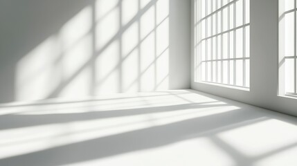 Poster - Bright and Minimalist Interior Space with Large Windows and Soft Light Creating Striking Shadows on Clean White Walls and Floor Perfect for Modern Design Projects