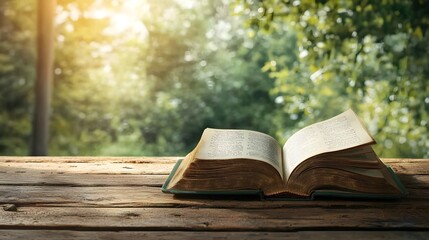 Poster - Serene and Bright Composition of an Open Book Resting on a Wooden Table with Natural Sunlight Streaming in Through a Large Window Leaving Clean Copy Space on the Side