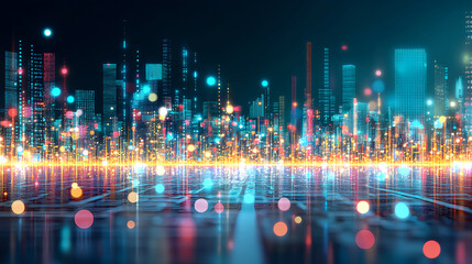 Poster - Vibrant cityscape nightlights urban environment digital artwork futuristic skyline colorful bokeh effect