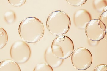 Poster - Transparent bubbles floating on a beige background: macro photography