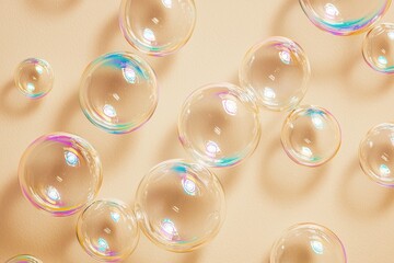 Poster - Transparent soap bubbles floating on a beige background