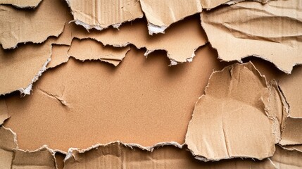 Poster - Close-Up View of Crinkled and Torn Brown Cardboard Texture, Showcasing Intricate Details of Paper Layers and Natural Color Variations for Artistic and Design Use