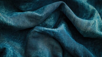 Poster - Close-up of Textured Fabric in Deep Blue and Teal Tones Featuring Soft Creases and Intricate Patterns for Interior Design and Fashion Use