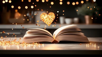 Poster - Romantic Book Pages Fanned into Elegant Heart Shaped Arrangement with Soft Blurred Background Providing Ample Copy Space for Editorial Lifestyle or Book Themed Designs