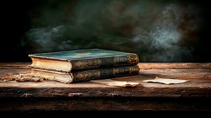 Poster - Antique leather bound book with an intricate cover placed on a vintage wooden table  Soft warm lighting creates a nostalgic cozy atmosphere with ample copy space