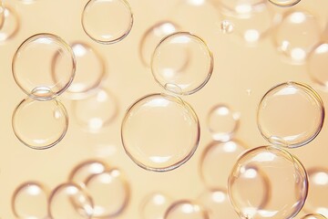 Poster - Transparent bubbles floating on a soft beige background: a macro photography close-up