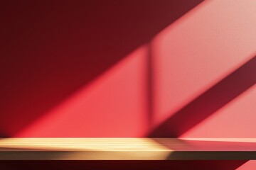 Poster - Empty wooden shelf on a red wall with light and shadow