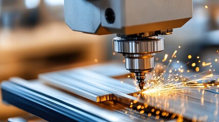 Poster - A close-up of laser cutting metal, showcasing sparks and vibrant light effects during a precision manufacturing process