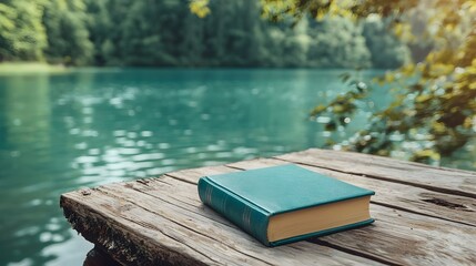 Poster - Tranquil Lakeside Book on Wooden Pier with Gentle Ripples   Serene nature landscape with a book resting on a wooden pier reflected in the calm