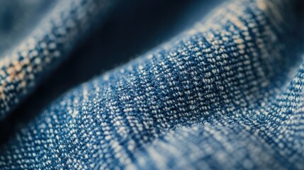 Poster - Close-Up View of Textured Blue Denim Fabric Showcasing Intricate Weave Patterns with Soft Lighting for Fashion and Textile Design Applications