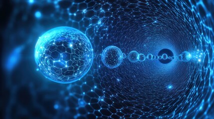 Poster - Abstract glowing spheres in a network tunnel. Possible use stock photography