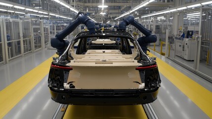 Poster - Advanced robotic technology works efficiently to assemble car parts on the production line in a state-of-the-art factory