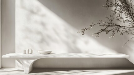 Poster - Minimalist White Table with Decorative Bowl and Branch in Bright Modern Interior Bathed in Soft Natural Light for Elegant Home Decor Aesthetic