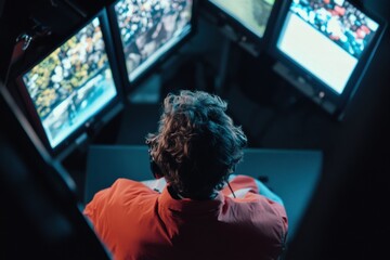Fototapete - Immersive AI Surveillance Next-Gen Digital Monitoring Hub with Cybersecurity Professional Managing Multi-Screen Operational Intelligence in Cutting-Edge Control Environment