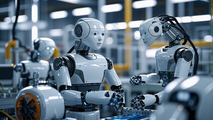 Poster - robots collaborate on an assembly line during a modern industrial operation in a high-tech facility