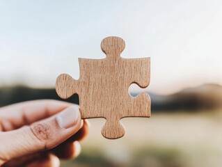 Aufkleber - Minimalist Problem-Solving Aesthetic Wooden Puzzle Piece Symbolizing Innovation, Strategic Thinking, and Collaborative Business Transformation in Soft Natural Light