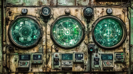 Poster - Industrial control panels displaying complex data abandoned factory digital art gritty environment close-up view futuristic concept