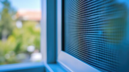 Poster - Close-Up View of a Window Screen with Soft Natural Light and Blurred Greenery in the Background, Highlighting Texture and Design Elements of Home Interiors