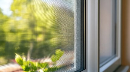 Poster - Close-Up View of a Sunlit Window Screen with Green Foliage in the Background, Showcasing Natural Light and Window Details in a Cozy Indoor Setting