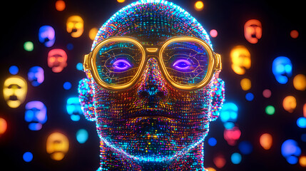 Poster - Virtual reality experience featuring futuristic faces digital realm 3d artwork neon environment close-up innovation