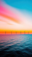 Poster - Vibrant Offshore Wind Revolution Clean Energy Seascape Showcasing Next-Gen Renewable Infrastructure Against Gradient Sunset Horizon
