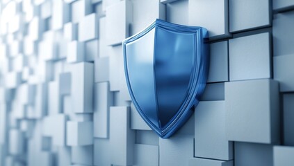Aufkleber - Abstract representation of digital security with a 3D blue shield on a textured wall of cubes, symbolizing protection and safety in technology environments