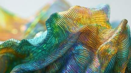 Poster - Colorful Abstract Waves of Iridescent Fabric with Intricate Textures Capturing Light and Movement in a Sensational Display of Artistry and Design