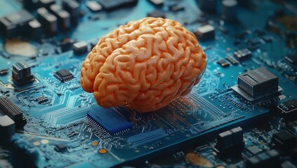 Aufkleber - Abstract representation of human brain on computer circuit board illustrating the fusion of technology and neuroscience in a digital age