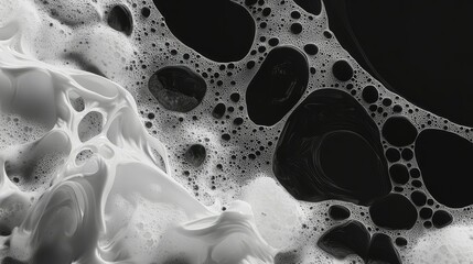 Poster - Abstract Monochrome Bubbles and Foam Texture on Dark Surface, Artistic Representation of Liquids in Black and White, Evoking a Sense of Depth and Movement