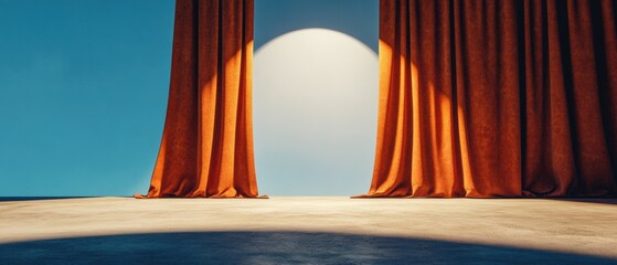 Poster - Minimalist Performance Stage Cinematic Spotlight and Dramatic Rust-Colored Curtains - Immersive Entertainment Design for Creative Visual Storytelling