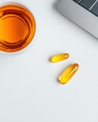 Poster - Mindful Nutrition Meets Digital Wellness Amber Omega-3 Supplements in Modern Minimalist Workspace - Holistic Productivity and Health Optimization