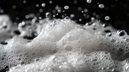 Poster - Close-up View of Bubbles and Foam on a Dark Surface Capturing the Intricate Textures and Patterns of Water Droplets in High-Contrast Lighting