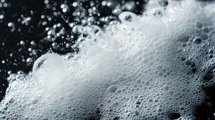 Poster - Close-Up View of Delicate Soap Bubbles Floating on a Dark Surface with Soft Focus and Light Reflections, Creating a Dynamic, Abstract Appearance