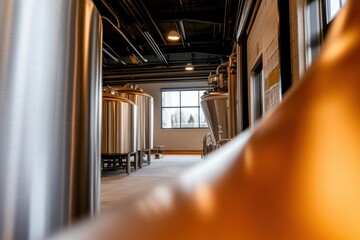 Poster - Industrial Craft Brewing Sanctuary Sleek Metallic Fermentation Space Showcasing Precision Engineering and Modern Artisan Beverage Production Techniques