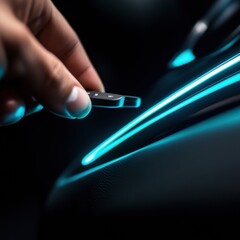 Leinwandbilder - Futuristic EV Innovation Sleek Smart Technology Keyless Entry with Luminescent Cyan Interfaces - Next-Generation Automotive Digital Experience