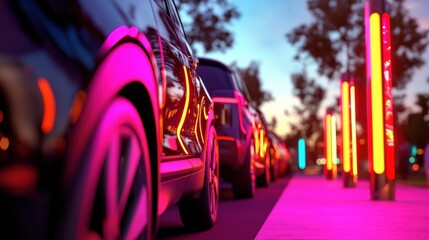 Poster - Cyberpunk Urban Mobility Neon-Charged Electric Vehicle Charging Hub Revealing Next-Gen Sustainable Transportation Design in Futuristic Cityscape