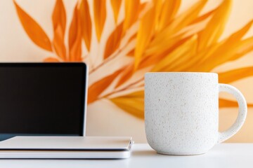 Aufkleber - Minimalist Workspace Wellness Soft Boho Aesthetic with Ceramic Mug and Modern Laptop - Mindful Productivity in Warm Terracotta Home Office Design