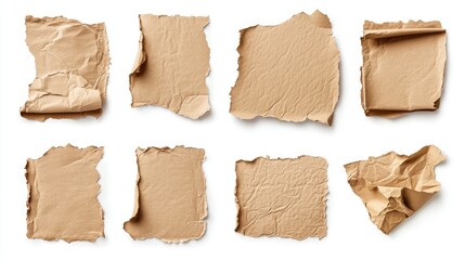 Poster - Collection of Different Brown Wrinkled Paper Textures on White Background for Creative Projects, Crafting, and Graphic Design Applications
