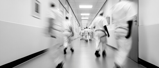 Poster - Dynamic Healthcare Response High-Velocity Medical Corridor Visualization - Critical Care Workflow Intensity in Minimalist Black and White Urban Emergency Design