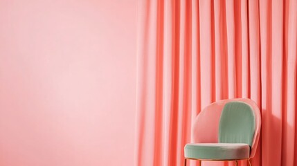 Poster - Pastel Minimalism Meets Soft Glamour Sage Green Velvet Chair in Coral Pink Aesthetic - Contemporary Interior Design Inspiration for Trendsetting Spaces