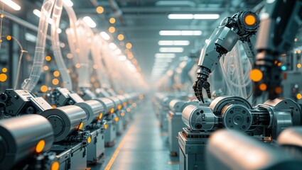 Poster - Robotic arms assembling machinery in a modern industrial factory during daytime operations