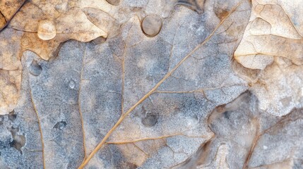 Poster - Close-Up of Frosty Leaves Showcasing Intricate Details and Textures in Nature's Winter Palette with Water Droplets and Earthy Tones.