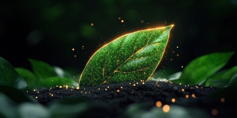 Fototapete - Eco-Futuristic Digital Leaf Sustainable Innovation Meets Cutting-Edge Technology - Green Tech Visualization Exploring Biomimetic Design and Environmental Intelligence