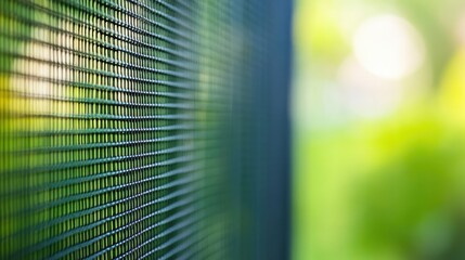Poster - Close-Up View of a Green Garden Fence with Fine Mesh Texture and Soft Background Blurring, Perfect for Nature and Outdoor Themes