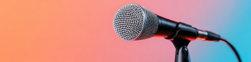 Fototapete - Retro Chrome Microphone Vibrant Nostalgic Performance Aesthetic for Music Content Creation, Digital Branding and Creative Expression